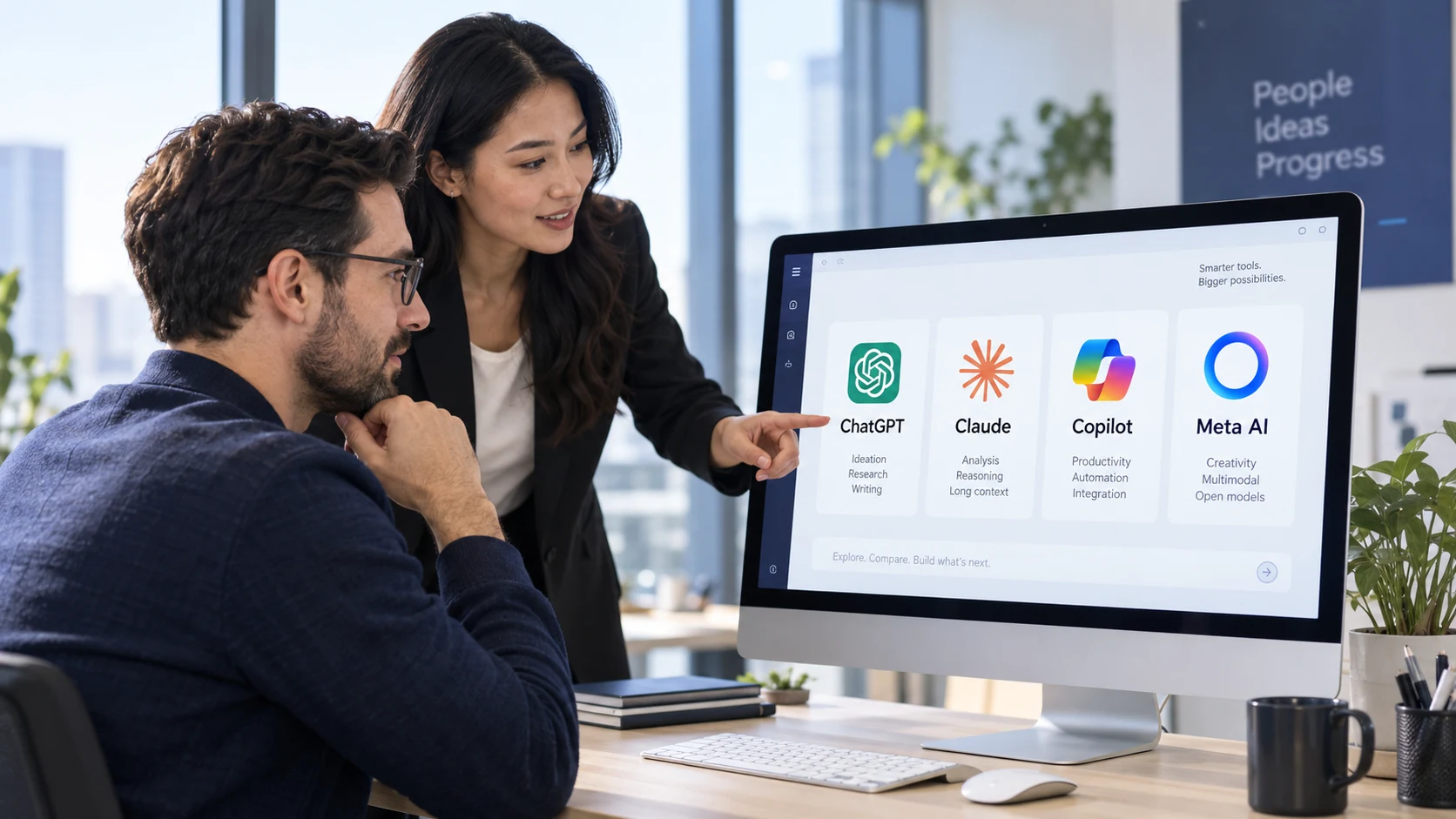 Professionals evaluating several leading AI platforms on a desktop display