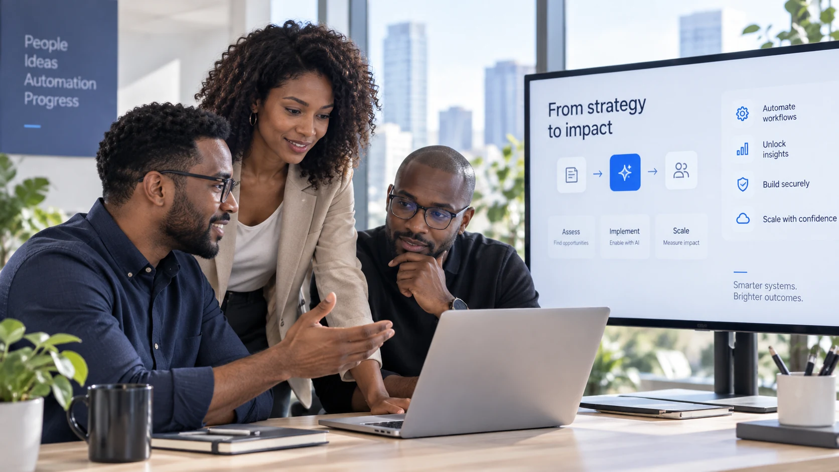 Technology consultants collaborating on automation, AI, security, and business strategy